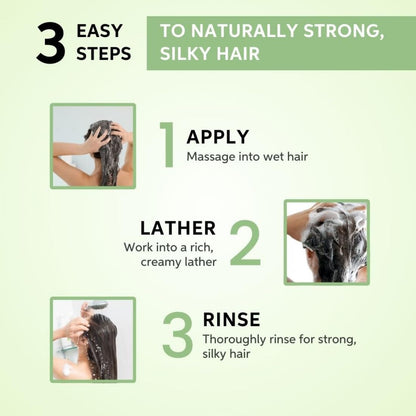 Instructions for naturally strong, silky hair with three easy steps on a green background.
