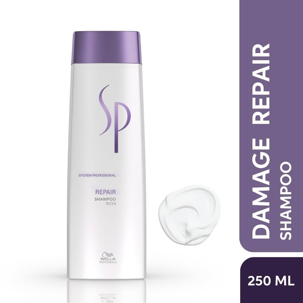 SP Damage Repair Shampoo bottle with purple cap and label on a white background