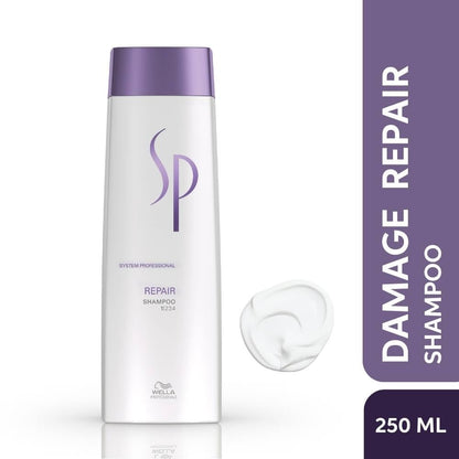 SP Damage Repair Shampoo bottle with purple cap and label on a white background