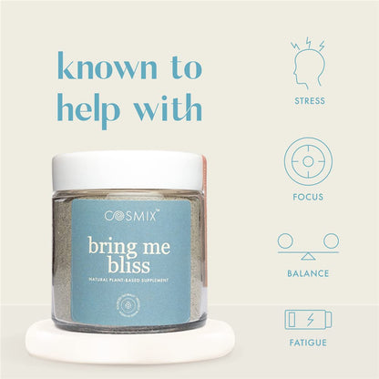 Cosmix 'bring me bliss' supplement jar with text about benefits on a light background