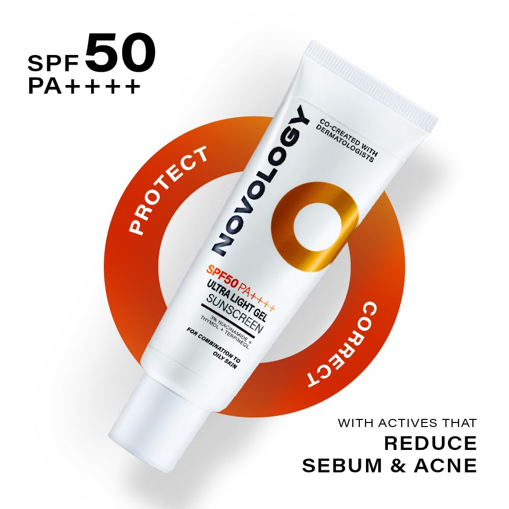 Novology sunscreen tube with SPF 50 PA++++ on a white background