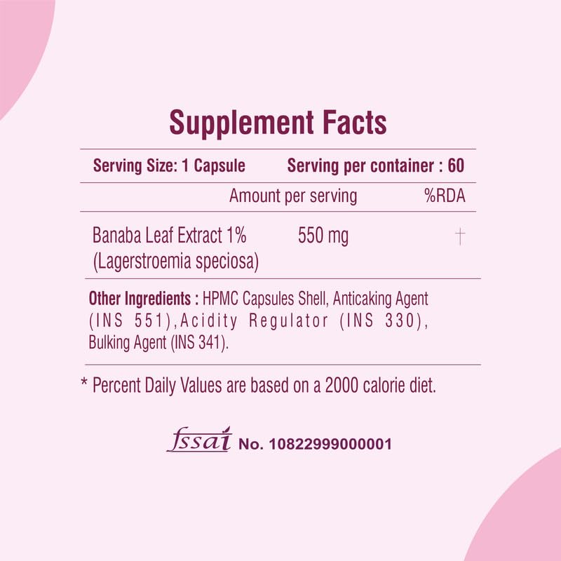 Supplement facts label with Banaba Leaf Extract on a pink background