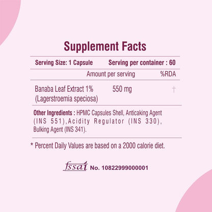 Supplement facts label with Banaba Leaf Extract on a pink background