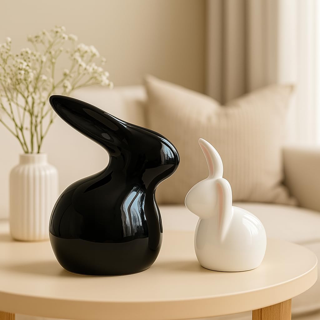 Home Décor Ceramic Rabbit Figurines (Set of 2, Black and White)