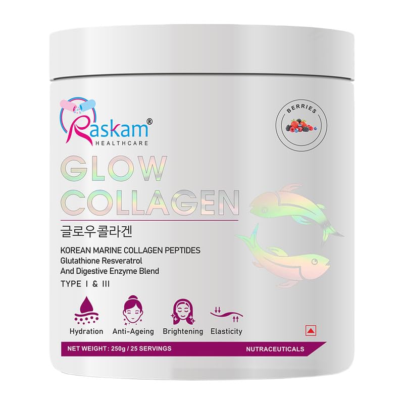 Raskam Glow Collagen supplement container on a white background