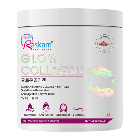 Raskam Glow Collagen supplement container on a white background