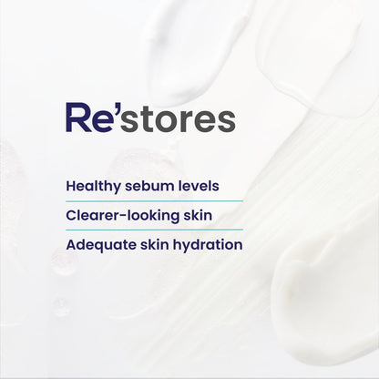Product packaging with 'Re'stores' branding and text about skin care benefits on a white background.