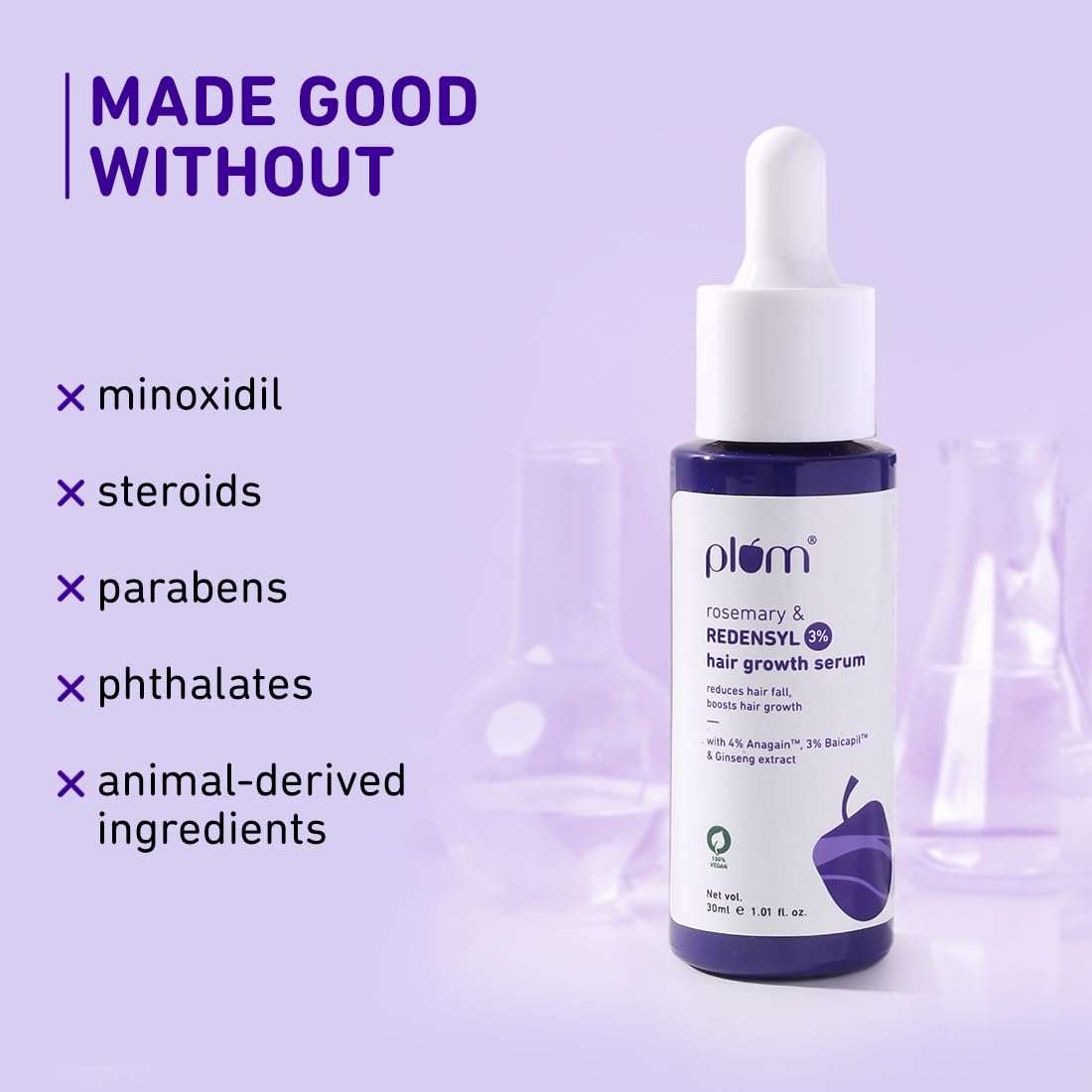 Plum Hair Growth Serum | 3% Redensyl + 4% Anagain + 3% Baicapil | Rosemary & Ginseng Extract | Anti-Hair Fall & Hair Density Booster | For Men & Women, Non-Greasy Formula | 30ml