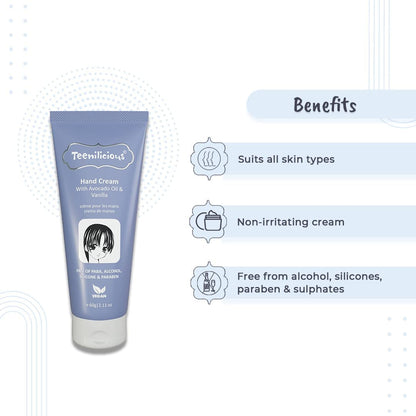 Teenilicious Hand Cream for Women with Avocado Oil & Vanilla | Winter Moisturizing Cream for Dry and Rough Hands | Vegan | Free from Alcohol, Silicones, Paraben & Sulphates | All Skin Type | 60gm