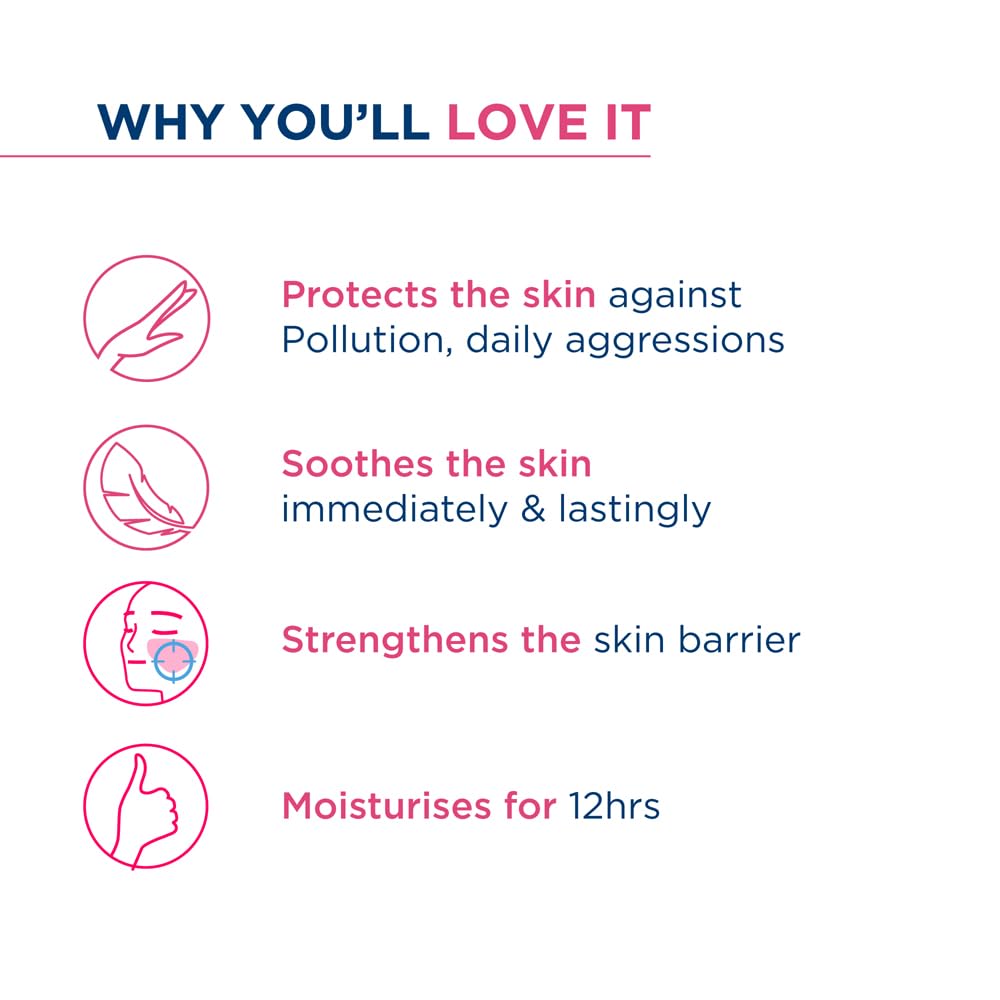 List of benefits of a skincare product on a white background