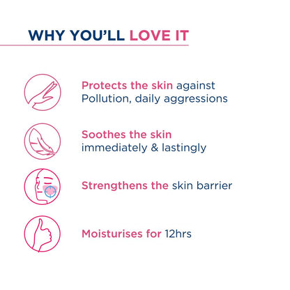 List of benefits of a skincare product on a white background