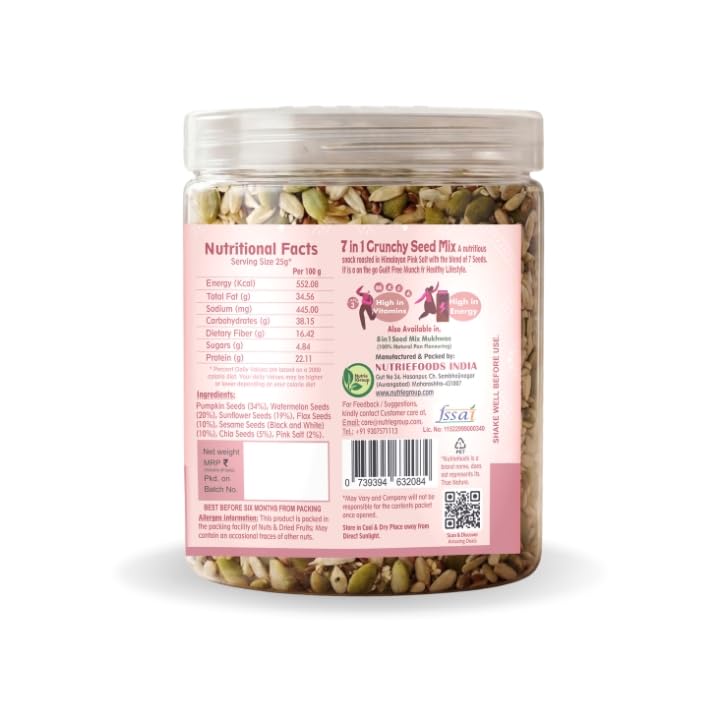Nutriefoods 7 in 1 Crunchy Seed Mix | Roasted in Himalayan Pink Salt | Sunflower, Chia, Flax, Pumpkin, Watermelon, Black & white Sesame Seeds (300gm)