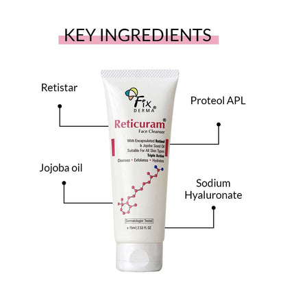 Fixderma 0.05% Retinol Reticuram Face Cleanser for All Skin Types, Anti Ageing, Retinol Face Cleanser, Regulates Sebum Production, Deep Pore Cleansing, Soap Free face wash with jojoba oil - 75ml