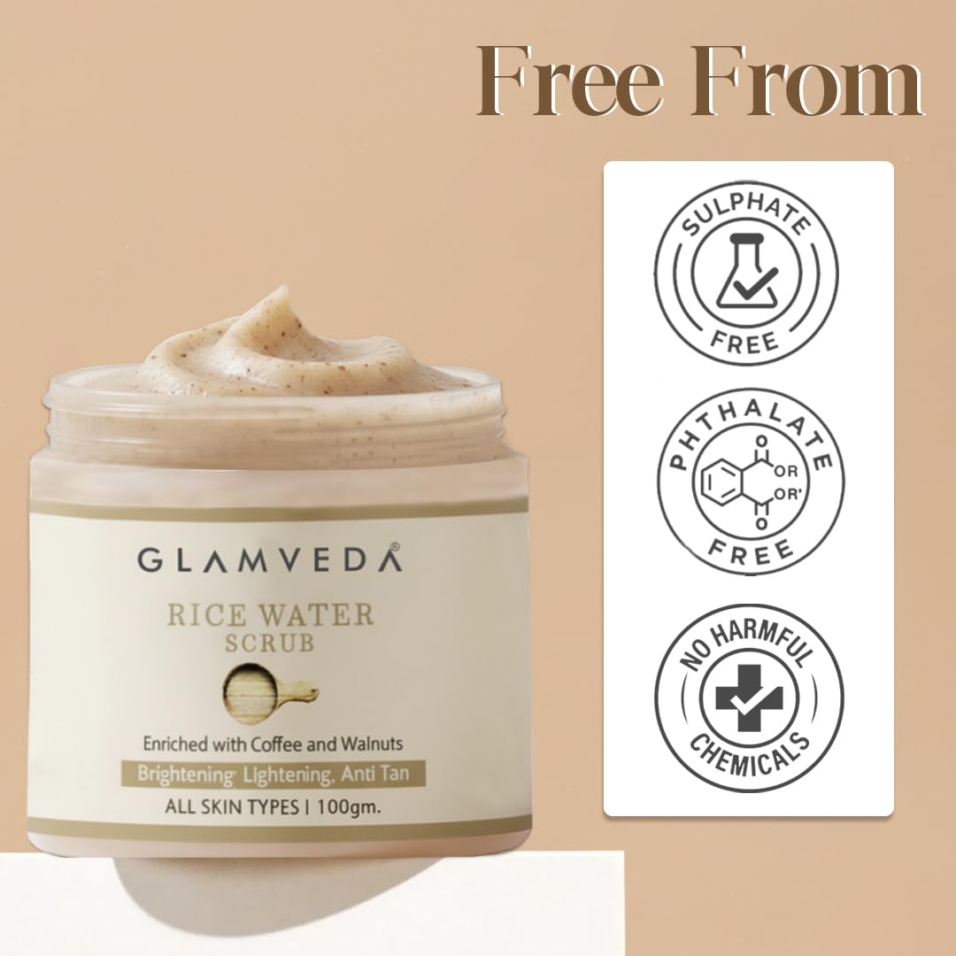 Glamveda Rice Water Brightening Face Scrub for Men & Women | Creamy Exfoliating Scrub with Rice Extract | Helps Remove Dead Skin, Improve Skin Texture & Even Skin Tone | 100g