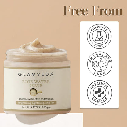 Glamveda Rice Water Brightening Face Scrub for Men & Women | Creamy Exfoliating Scrub with Rice Extract | Helps Remove Dead Skin, Improve Skin Texture & Even Skin Tone | 100g