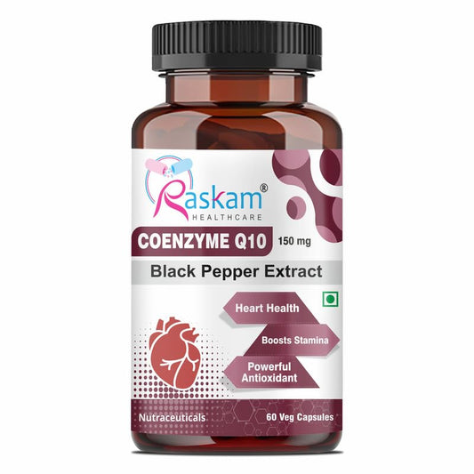 Raskam Coenzyme Q10 supplement bottle with label on a white background