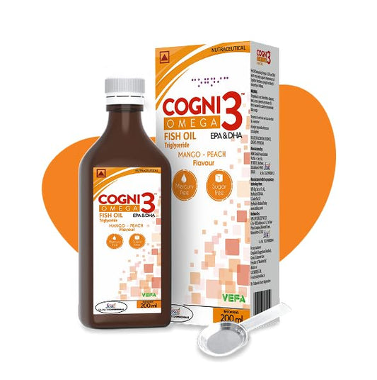 Cogni3 Omega-3 Fish Oil Syrup for Kids & Adults - 200ml | Mango Peach Flavour, Sugar Free | High Strength EPA & DHA Triglyceride Formula | Brain, Memory, Focus & Cognitive Health Supplement