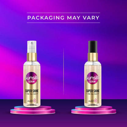 Two bottles of Sunsilk Super Shine Serum on a purple background with text indicating packaging may vary.