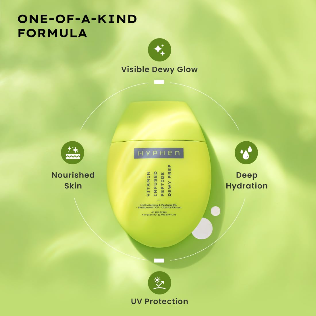 Green skincare product with benefits listed on a green background