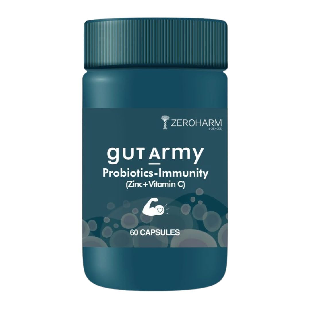 ZEROHARM Gut Army Probiotics & Prebiotics | Psyllium Husk, Lactobacillus Acidophilus, Vitamin C & Zinc | Immunity and Gut Health Supplement | Promotes Natural Gut Health & Digestion | 60 Veg Capsules