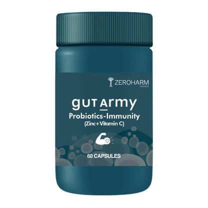 ZEROHARM Gut Army Probiotics & Prebiotics | Psyllium Husk, Lactobacillus Acidophilus, Vitamin C & Zinc | Immunity and Gut Health Supplement | Promotes Natural Gut Health & Digestion | 60 Veg Capsules