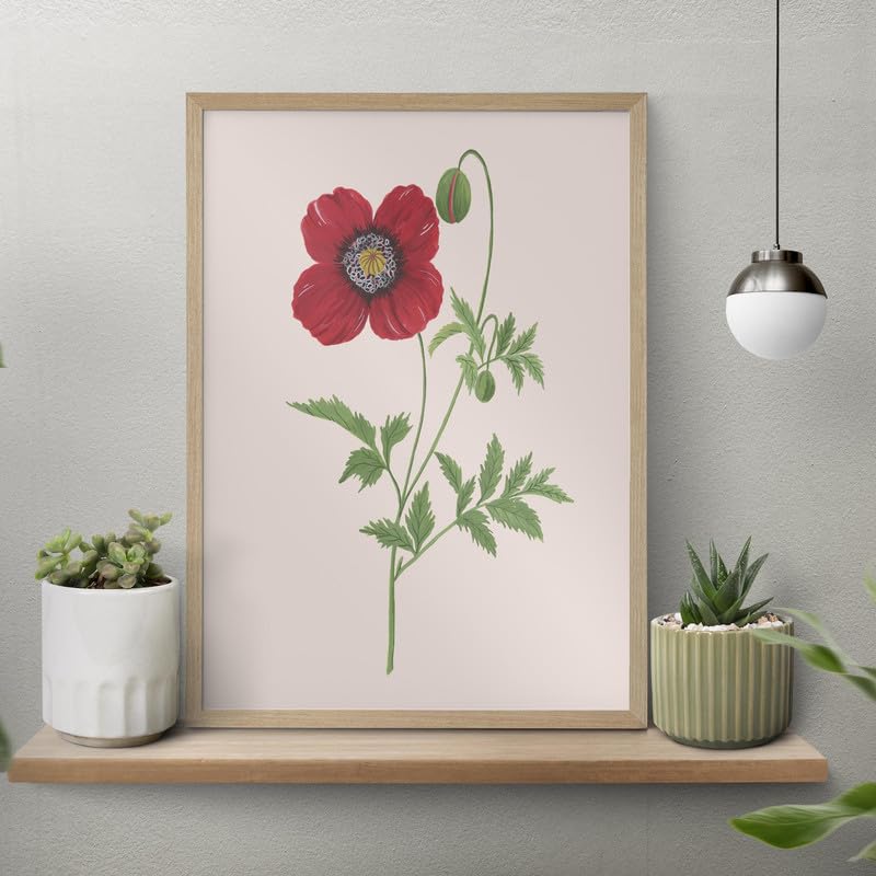 Poppy Botanical Wall Painting| Modern Art Painting for Living Room Bed Room and Office | 11 x 14 inches (Natural Frame)