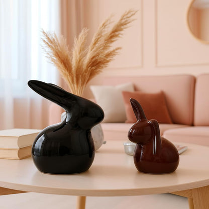 Home Décor Ceramic Rabbit Figurines (Set of 2, Black and Brown)
