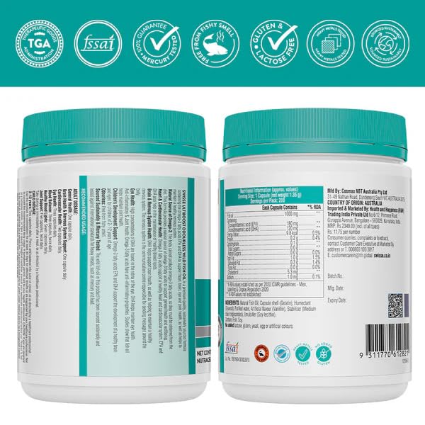 Swisse Fish Oil with 1000mg Omega 3 - One Capsule Per Serving, 1000mg Omega-3 Fish Oil In Single Capsule, Manufactured In Australia - 200 Days Pack