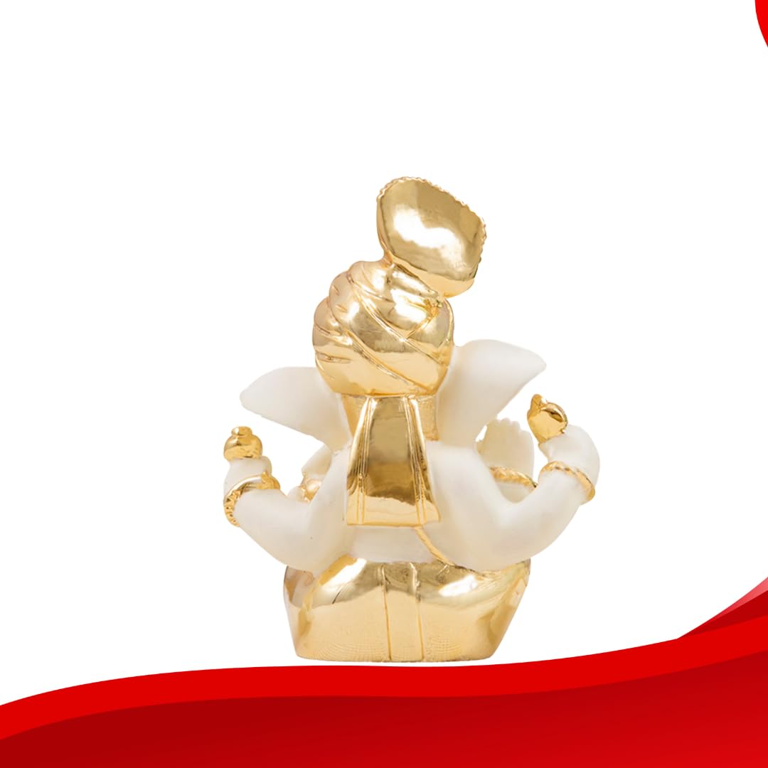Gold Art India 3 x 3, Gold and Off White Ganesh Idol for Car Dashboard Ganesha Murti Ganpati Idol for Home Decor Puja Lord Ganesh Statue Gift for Office Desk Puja Room Figurine, Synthetic Resin, Idol