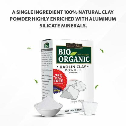 Bio Organic kaolin clay powder packaging with text about ingredients on a white background