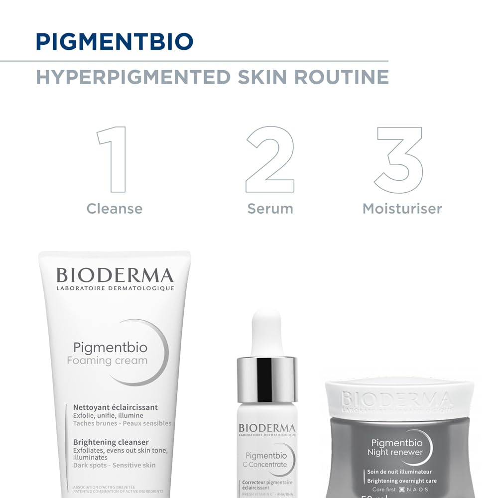 Bioderma Pigmentbio skincare products with step-by-step routine on a white background