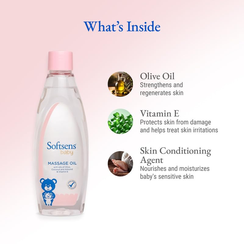 Softsens Baby Calming Massage Oil with Vitamin E, Coconut, Almond & Olive | Free from parabens and harmful chemicals 200ml