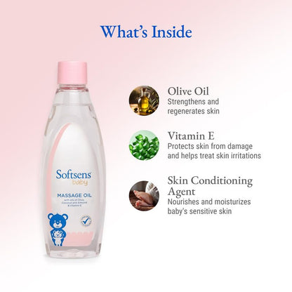 Softsens Baby Calming Massage Oil with Vitamin E, Coconut, Almond & Olive | Free from parabens and harmful chemicals 200ml