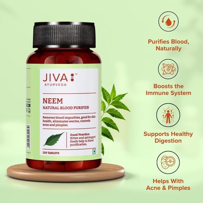 Jiva Neem Tablet - 120 Tablets | 100% Ayurvedic Formulation Purifies Blood, Treats Urinary Disorders | Pacifies Pitta And Kapha Doshas | Promotes Healthy Skin