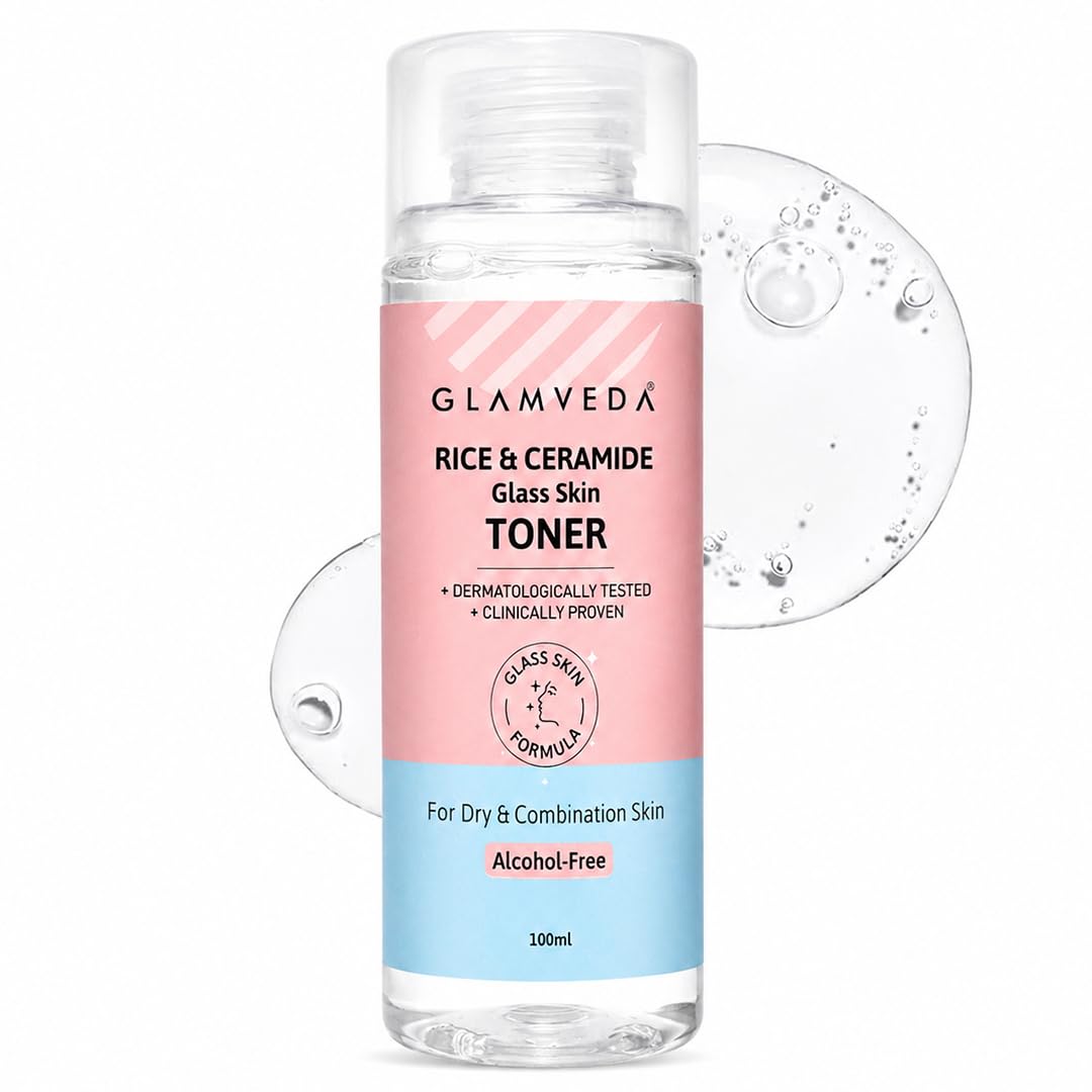 Glamveda Korean Rice & Ceramide Face Toner | Rice Water Toner For Dry & Combination Skin | Pore Tightening & Glowing Skin | Fades Blemishes, Brightens & Smoothens | Women & Men | 100ml