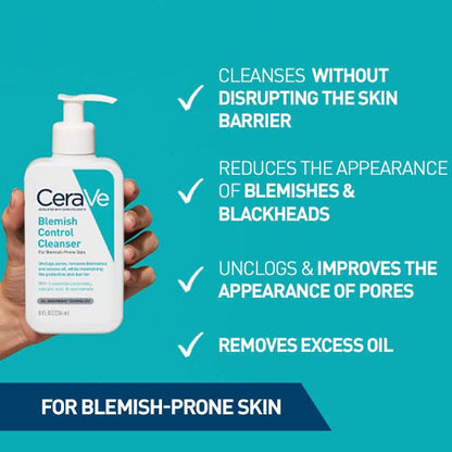 CeraVe blemish control cleanser with product features on a blue background