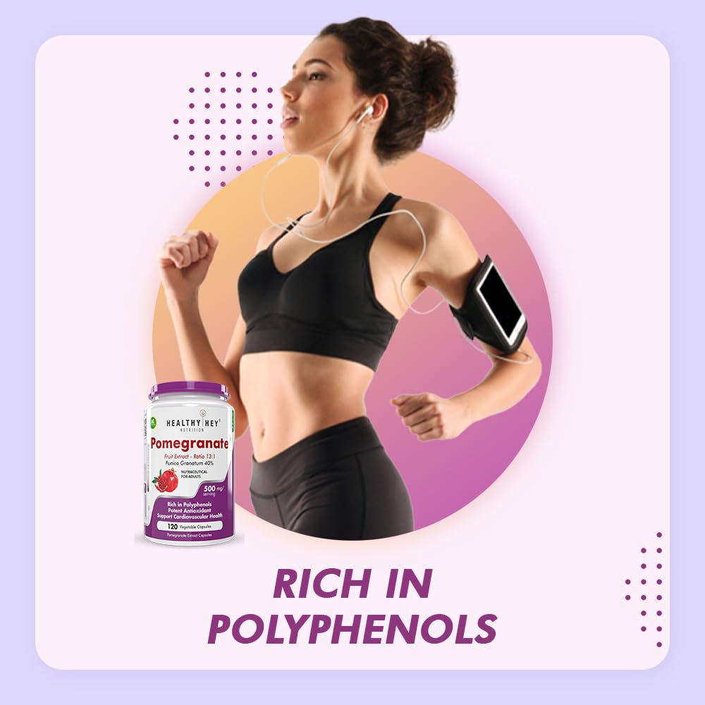 Woman exercising with a supplement bottle labeled 'Pomegranate' on a light purple background