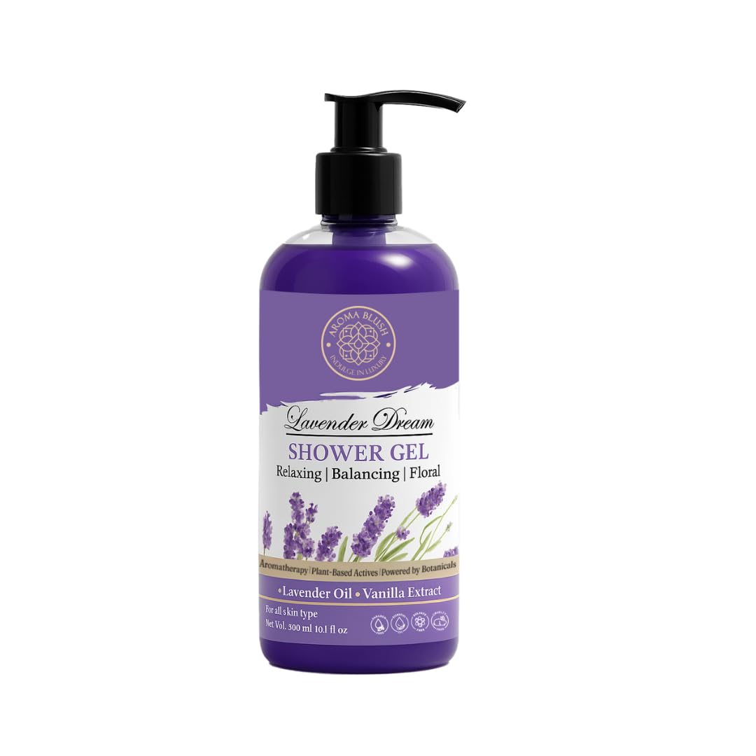 Purple bottle of Lavender Dream Shower Gel on a white background