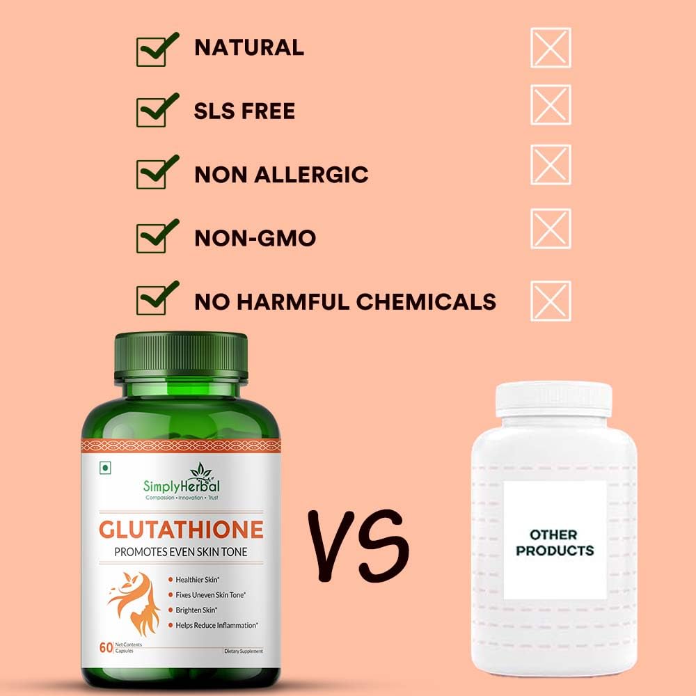 Simply Herbal L Glutathione 1000mg Capsules With Vitamin C & E for Immune Support, Healthy Radiant Skin Glowing, Antioxidant Support, Grape Seed Extract & Biotin - 60 Veg Capsules, 80 grams