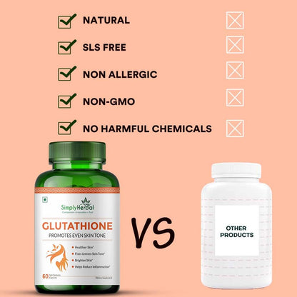 Simply Herbal L Glutathione 1000mg Capsules With Vitamin C & E for Immune Support, Healthy Radiant Skin Glowing, Antioxidant Support, Grape Seed Extract & Biotin - 60 Veg Capsules, 80 grams
