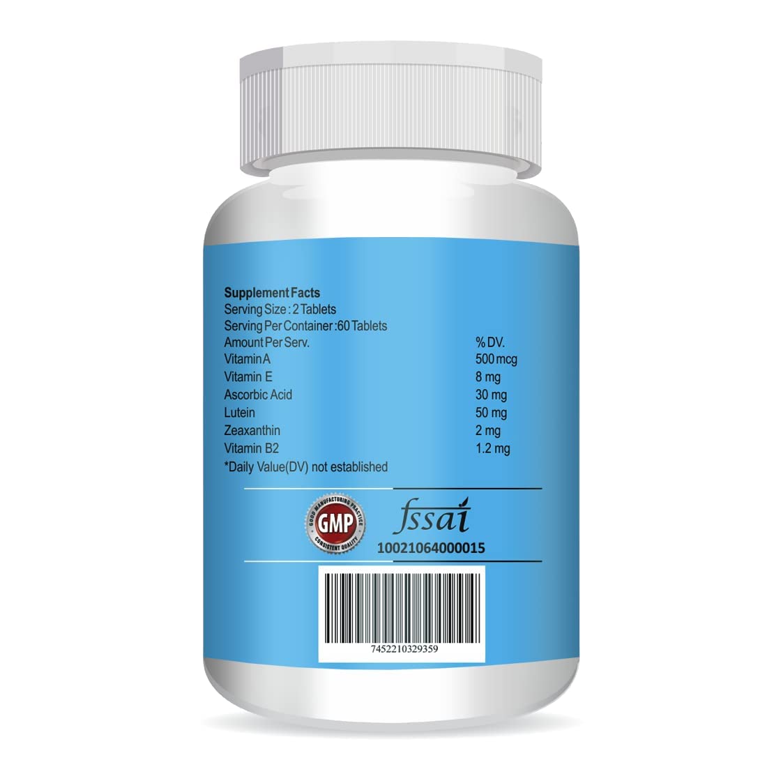 Vitamin supplement bottle with blue label and white cap on a white background