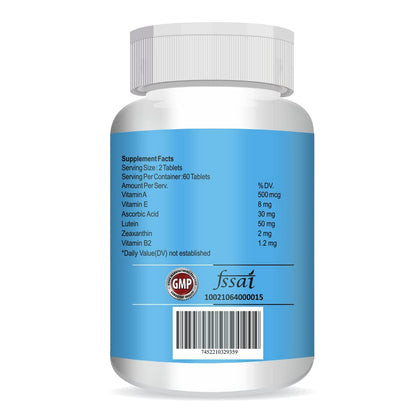 Vitamin supplement bottle with blue label and white cap on a white background