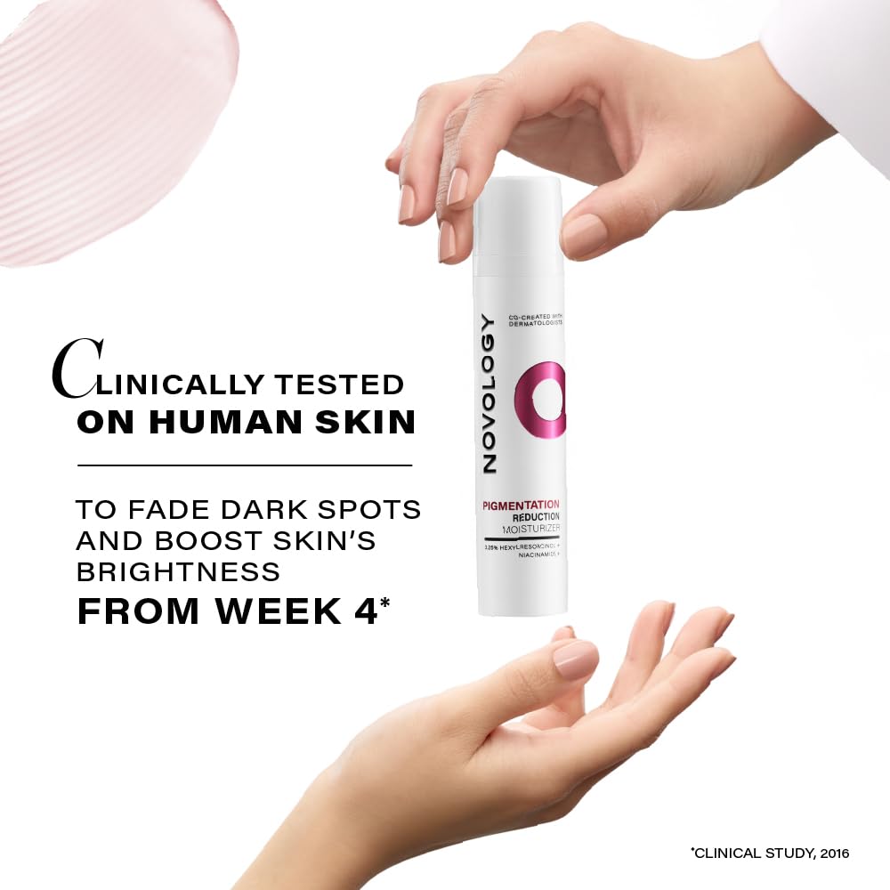 Novology skincare product being held by a hand with promotional text on a white background