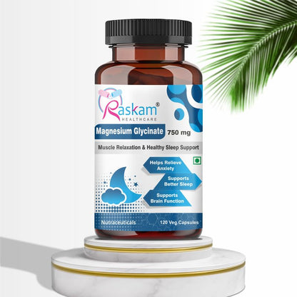 Bottle of Raskam Magnesium Glycinate supplement on a white background with a palm leaf.