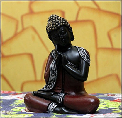 Antique Finish Handcrafted Thinking Buddha Polyresin Statue (12.5 cm x 7.5 cm x 16.25 cm, Red and Black)