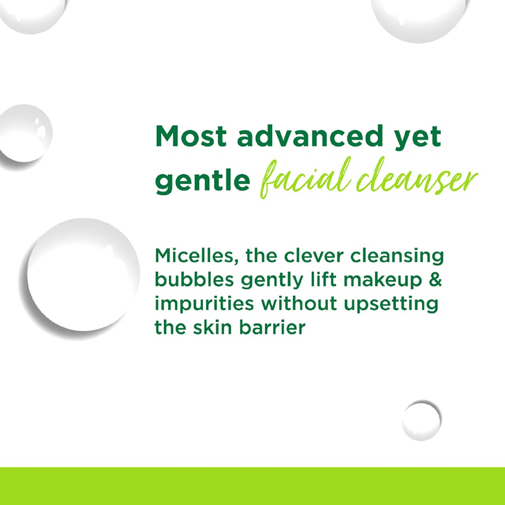 Advertisement for a facial cleanser with text about micelles and their benefits on a white background.
