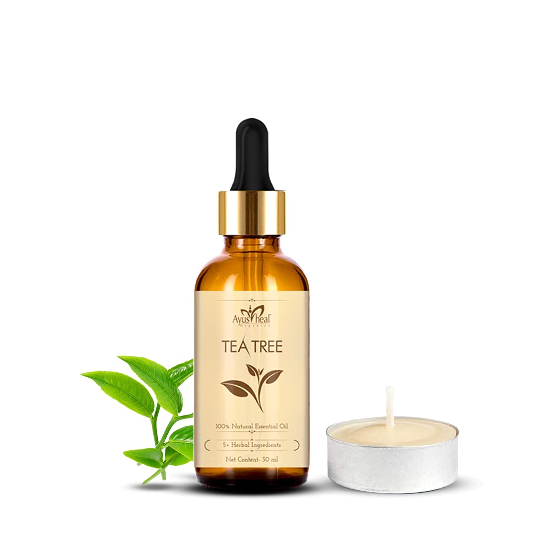 Tea tree essential oil bottle with a dropper, tea light candle, and tea tree leaves on a white background