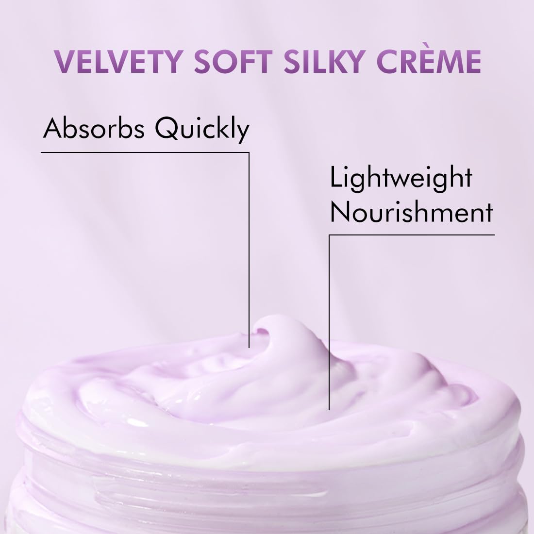 Purple cream with text describing its properties on a light purple background