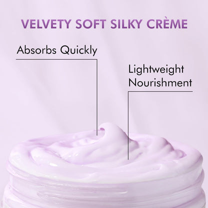 Purple cream with text describing its properties on a light purple background