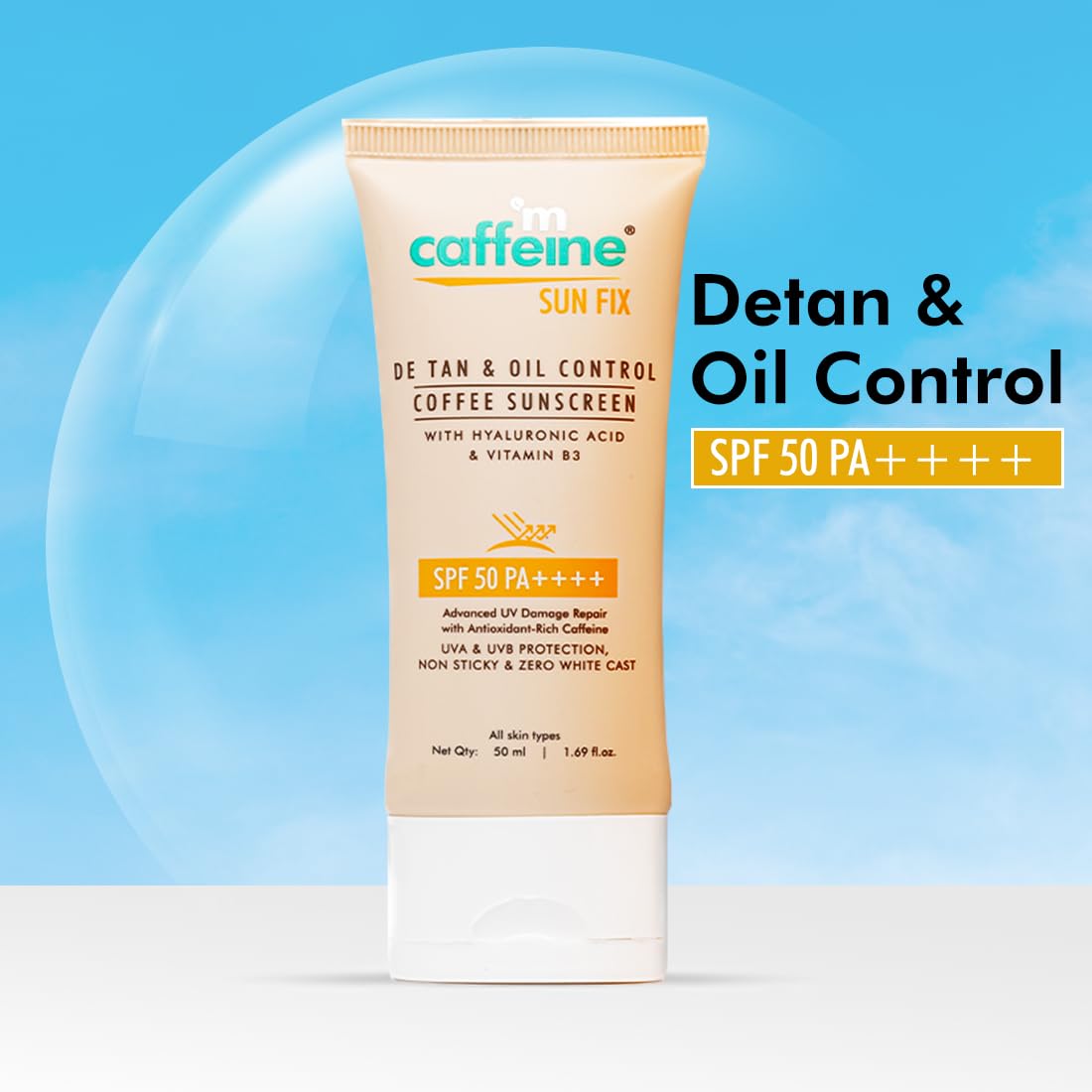 Tube of caffeine Sun Fix sunscreen with blue gradient background